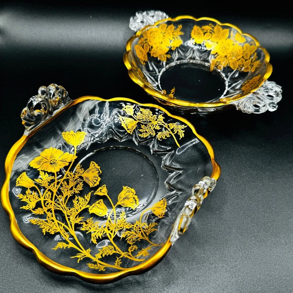 Vintage Gold Encrusted Floral Glass Candy Dish and Bonbon Bowl Hollywood Regency